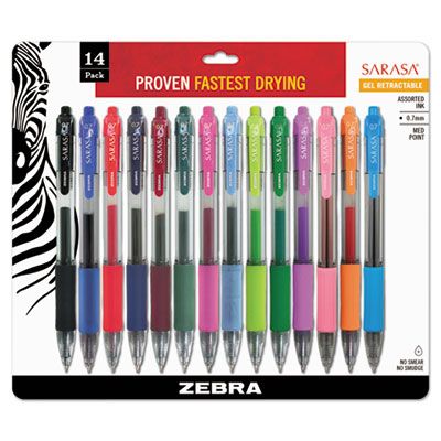 Zebra Sarasa Retractable Gel Pen Assorted Ink Medium 14/Pack 46824